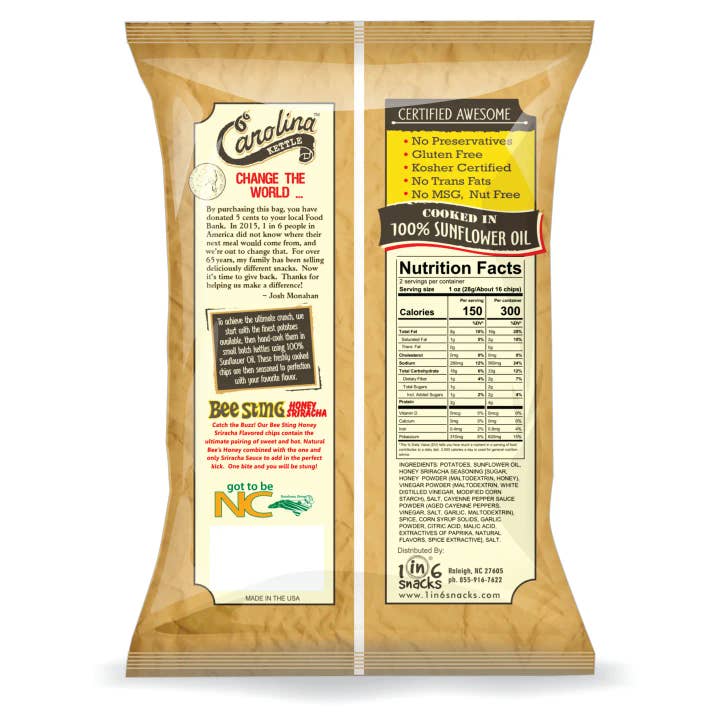 1 in 6 Snacks- Carolina Kettle chips - Wholesale Chips - Honey Sriracha Carolina Kettle Chips 5 oz Case(14 bags)1