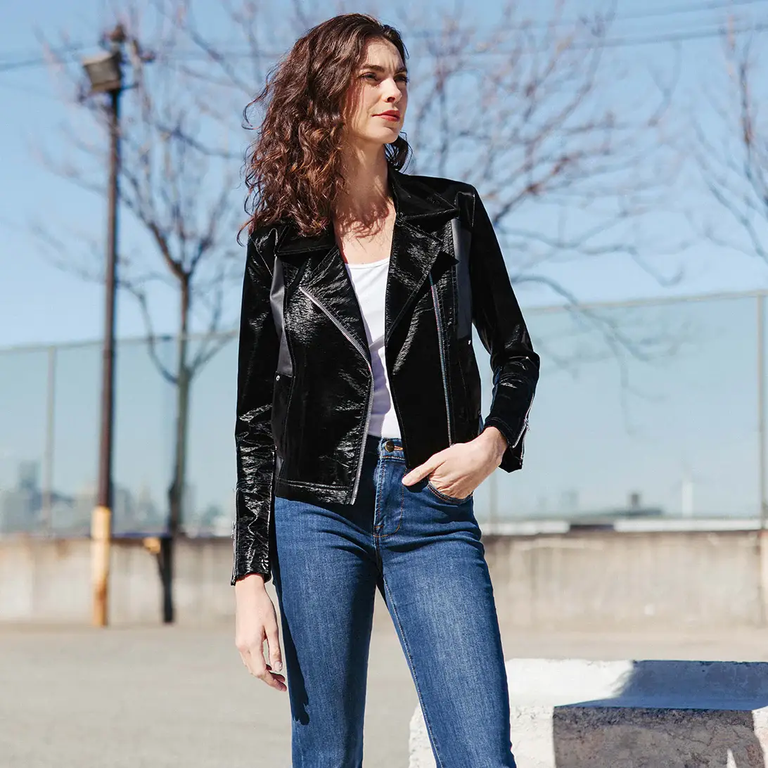 Clara Sunwoo - Wholesale Leather Jacket - Women's - JK225H -Vinyl, Liquid Leather ™ Panel Zip Cuff Pocket Jacket5