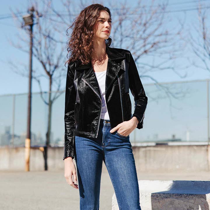 Clara Sunwoo - Wholesale Leather Jacket - Women's - JK225H -Vinyl, Liquid Leather ™ Panel Zip Cuff Pocket Jacket5