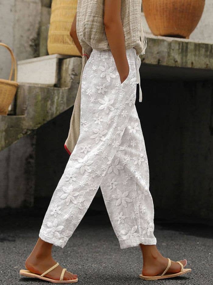 White Cotton Linen Embroidery Cropped Elastic Waist Pants for wholesale on Faire