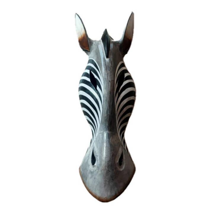 Mask Albesia Wood Zebra Black Stripes 30cm for wholesale by Shared Earth