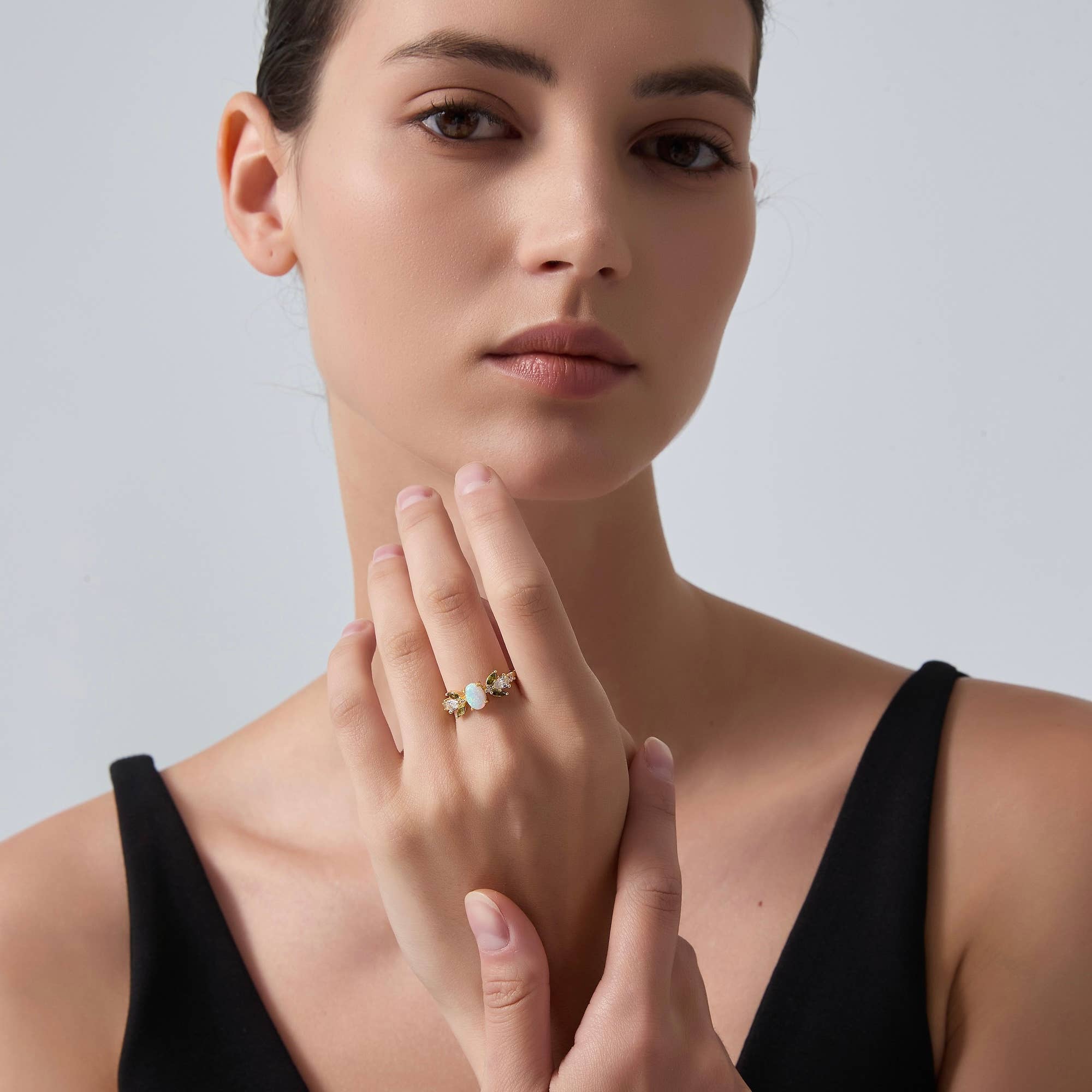 Perimade & Co. LLC - Wholesale Band/Stacked Ring - Oval Opal Olive Leaf Stacking Ring in 925 Sterling Silver3