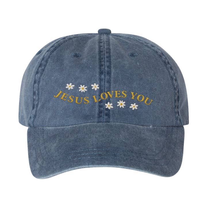 Jesus Loves You with Daisies Embroidered Baseball Cap for wholesale by Scripted Pearl