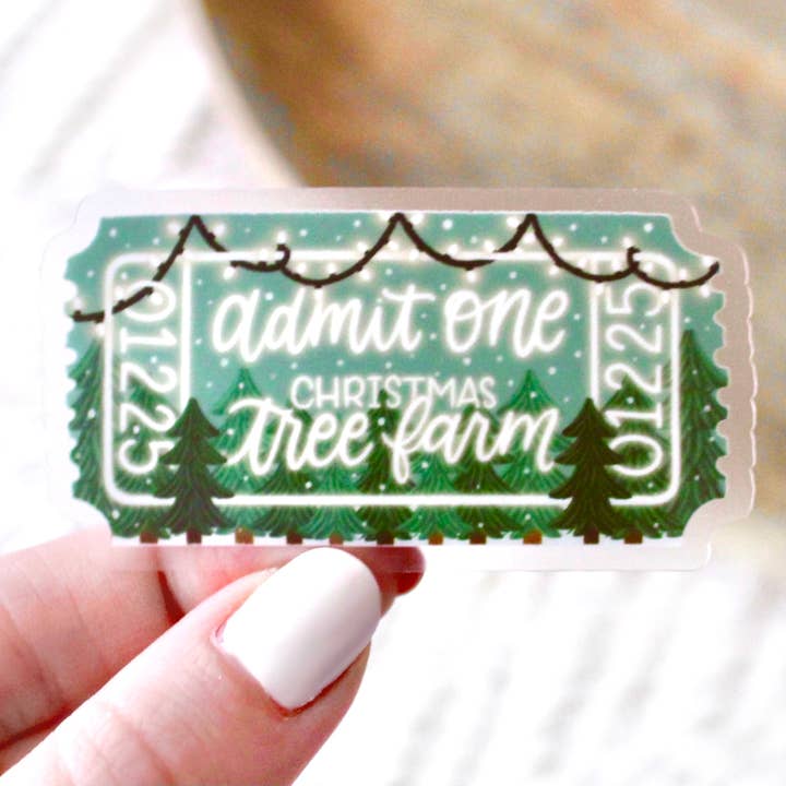 Christmas Tree Farm Admit One Sticker, 2.7x1.5 in. | Holiday for wholesale by Elyse Breanne Design