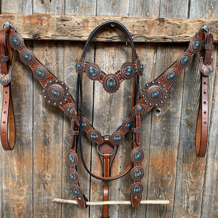 Medium Oil Navajo Style Copper Turquoise Browband & Breastcollar Tack Set #BBBC448 for wholesale by Rodeo Drive