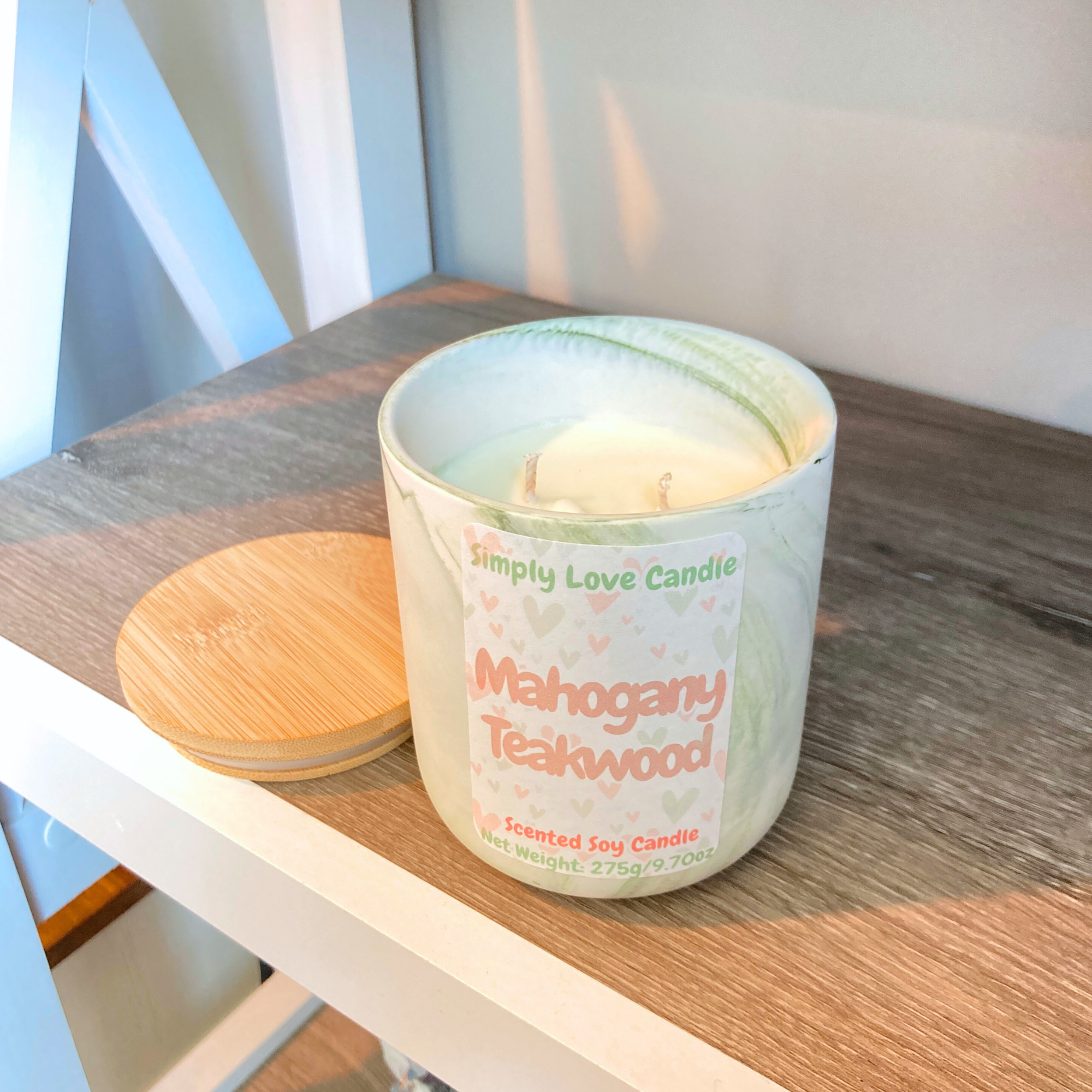 Simply Love Candle - Wholesale Jar/Filled Candle - Mahogany Teakwood 10 oz Marbled Ceramic Candle with lid 3