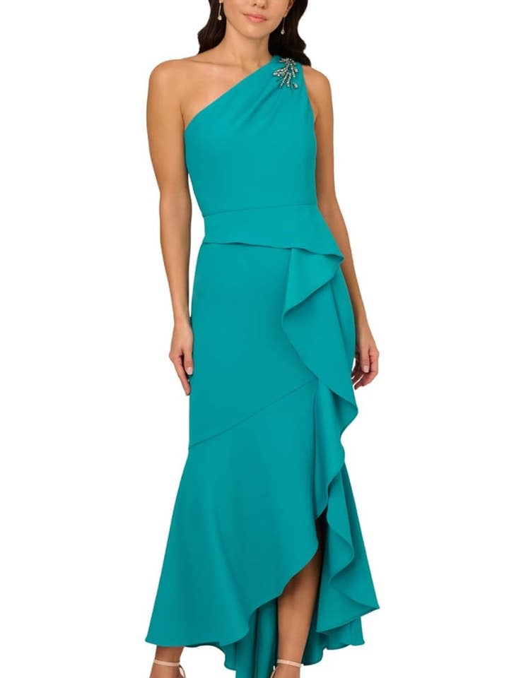 Adrianna Papell Beaded One-Shoulder Sleeveless Side Zipper Closure Ruffles Draped Details Dress for wholesale by Immediate Apparel