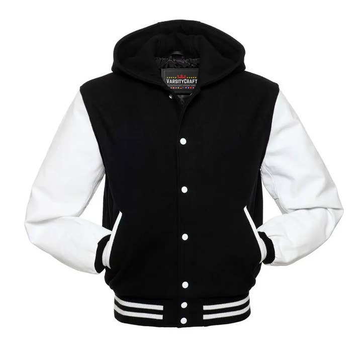 Black Wool & White Leather Sleeves Hoodie Letterman Jacket for wholesale by Varsity Craft