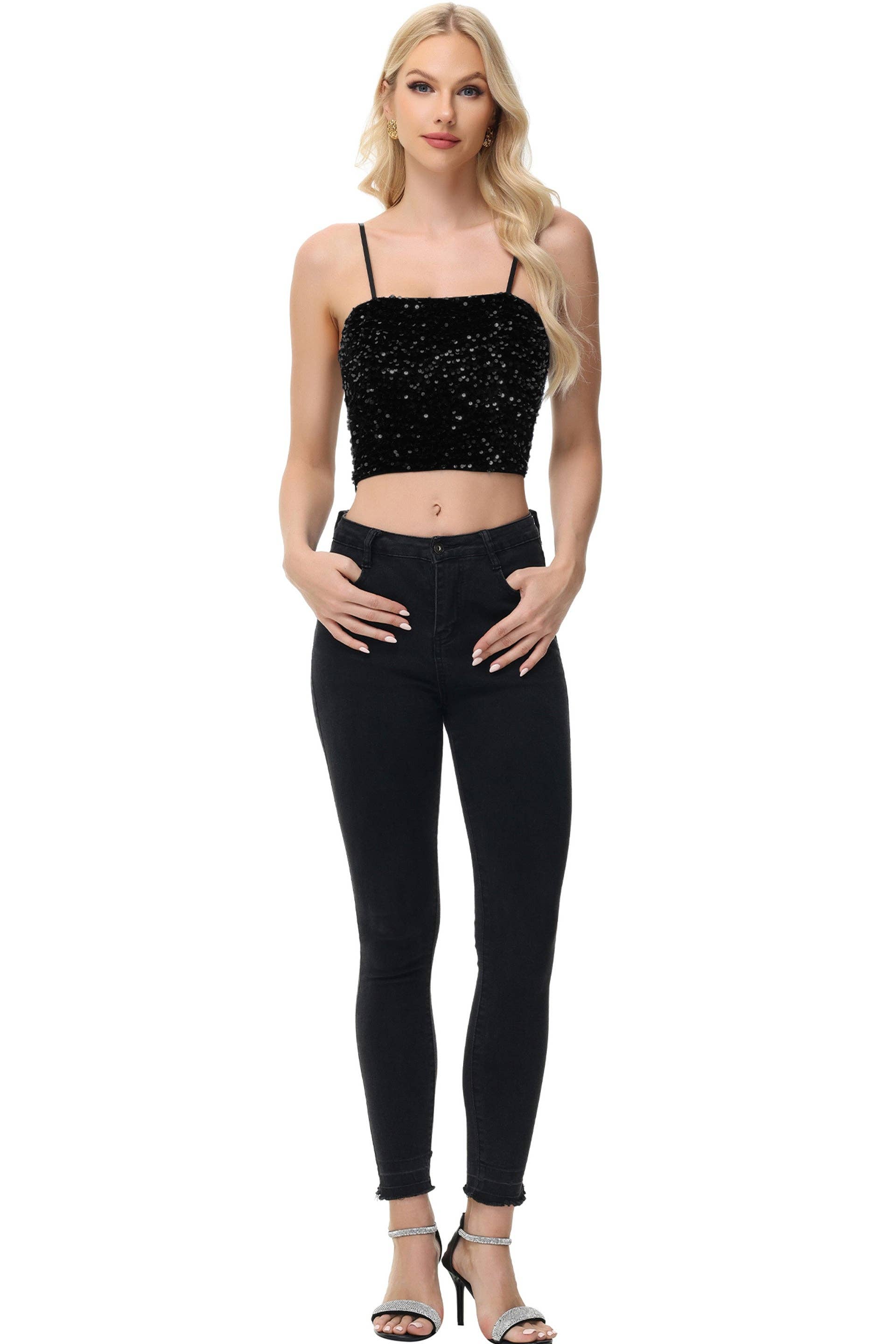 Anna Kaci Wholesale - Wholesale Camisole - Women's - Sparkly Sequin Cami Tops Crop Club Party Glitter Spaghetti4