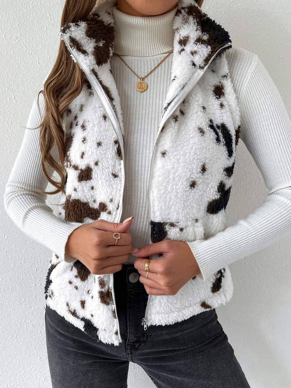 MULTICOLOR Cow Print Fleece Zip Vest Winter Sleeveless Sherpa Gilet for wholesale on Faire2