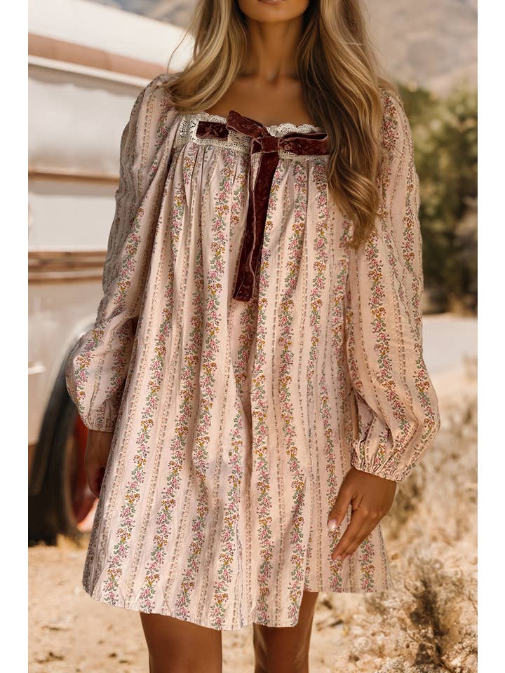 Khaki Velvet Bow Front Floral Print Long Sleeve Short Dress for wholesale on Faire