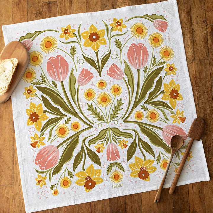 Påskeliljedrømme viskestykke - forårsblomstret køkkendekoration for engroshandel hos Gingiber