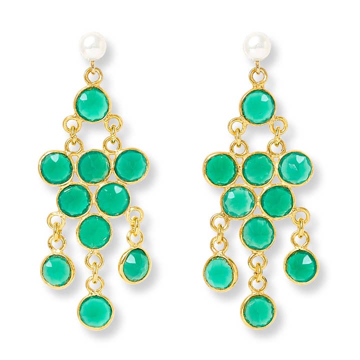 Pearl drop chandelier earrings emerald gemstones for wholesale by Pearls of the Orient