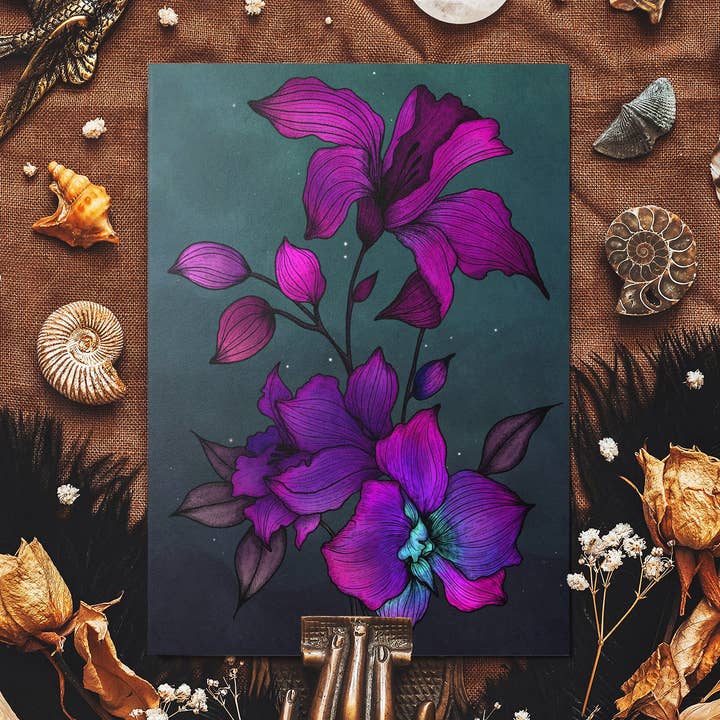 Purple Orchids - Glossy Fine Art Postcard for wholesale by Print is Dead
