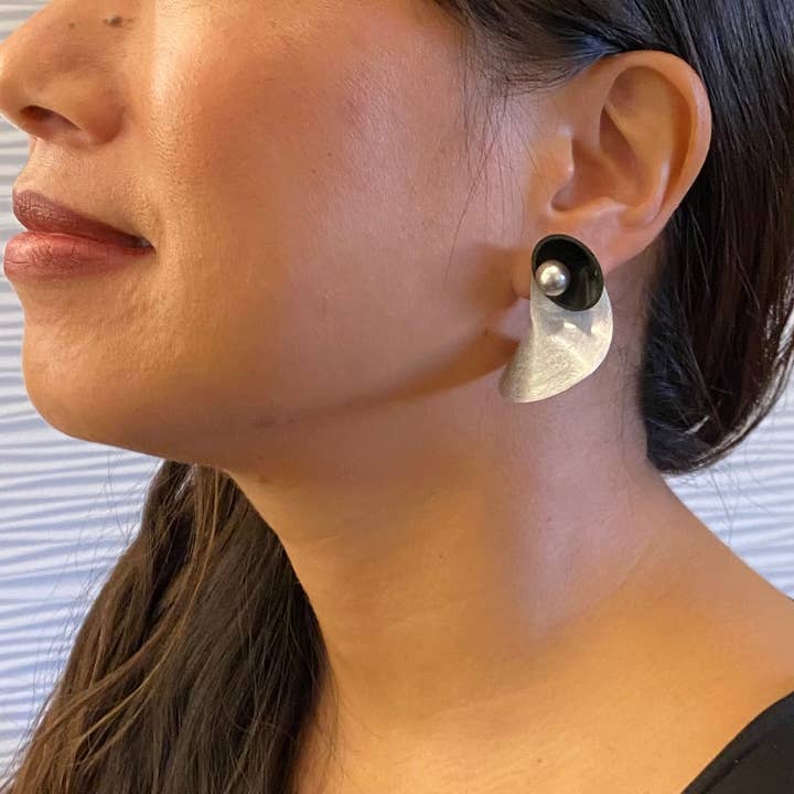 VOLUME 3 Smaller Multi-Sided Post Earrings from the SOUND Collection with Recycled Record Vinyl and Simulated Pearls for wholesale by Chick Boss LLC