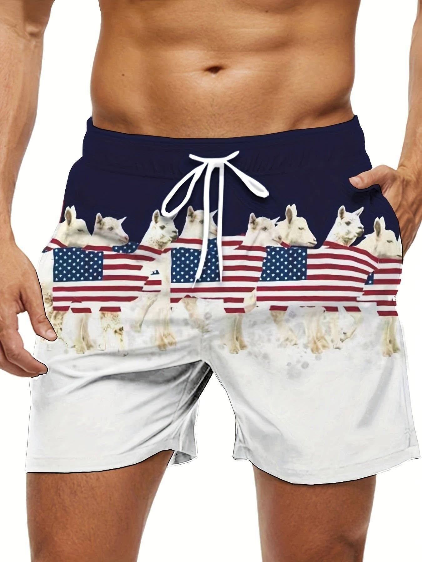 SWIMFA – Engroshandel Badeshorts – Mænd – 3003 Herre Sommer Casual Shorts - Amerikansk Flag & Ørn Patriotisk Print, Sort & Hvid Kontrastdesign, Almindelig Pasform, Maskinvaskbar2