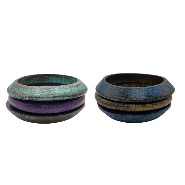 Layered Sculptural Wood Bangle Set–Patina & Earth-Tone for wholesale by Treasure Jewelry
