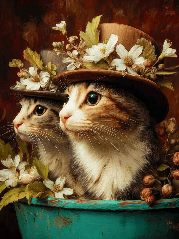 Tabby-tvillingarna - Katter i hattar - Konsttryck - 8"x10" Konstverk för wholesale av Mowbi