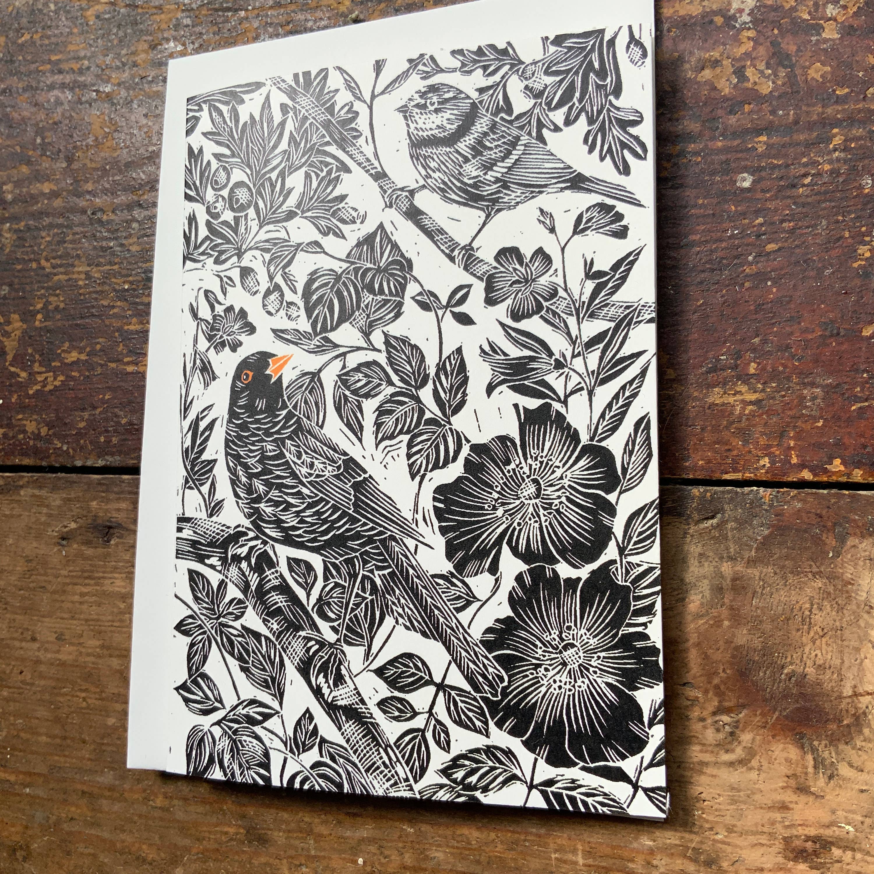 Vivienne Keable - Wholesale Everyday Greeting Card - Hedgerow Birds in Black with an Orange Pop on Cream Base. Based on an Original Linocut.2
