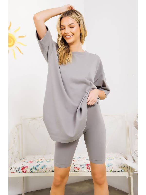 Pink Irene Wholesale - Wholesale Shirt - Women's - PLUS SIZE SOLID OVERSIZED TEE AND BIKER SHORTS SET19