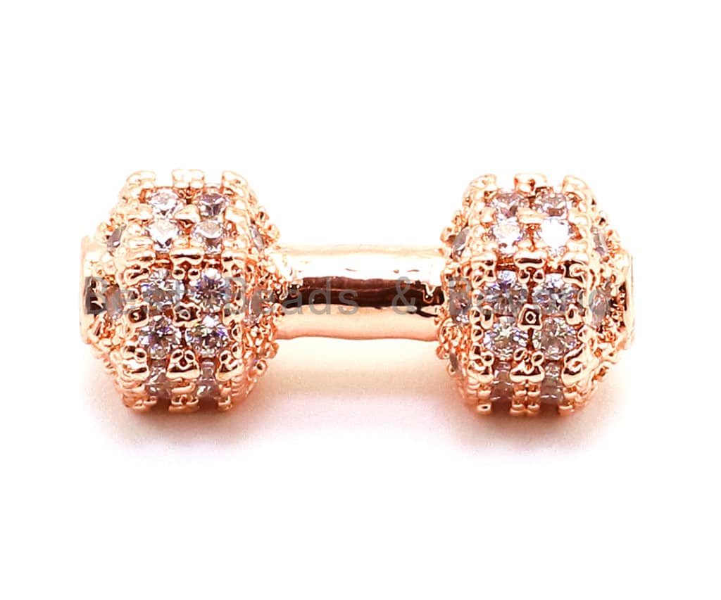 BestBeads&Beyond - Venta al por mayor Abalorios/colgantes individuales - CZ Dumbbell Clear Micro Pave Beads, cuentas espaciadoras de circonita cúbica, espaciador de barra de fitness, dijes de pulsera para hombre, 16x6mm sku #G1291