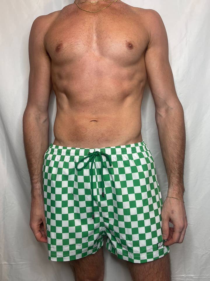 CTS Grün-Weiß karierte Schwimm-zu-Fitnessstudio-Shorts für den Großhandel von Chris Turk Swim