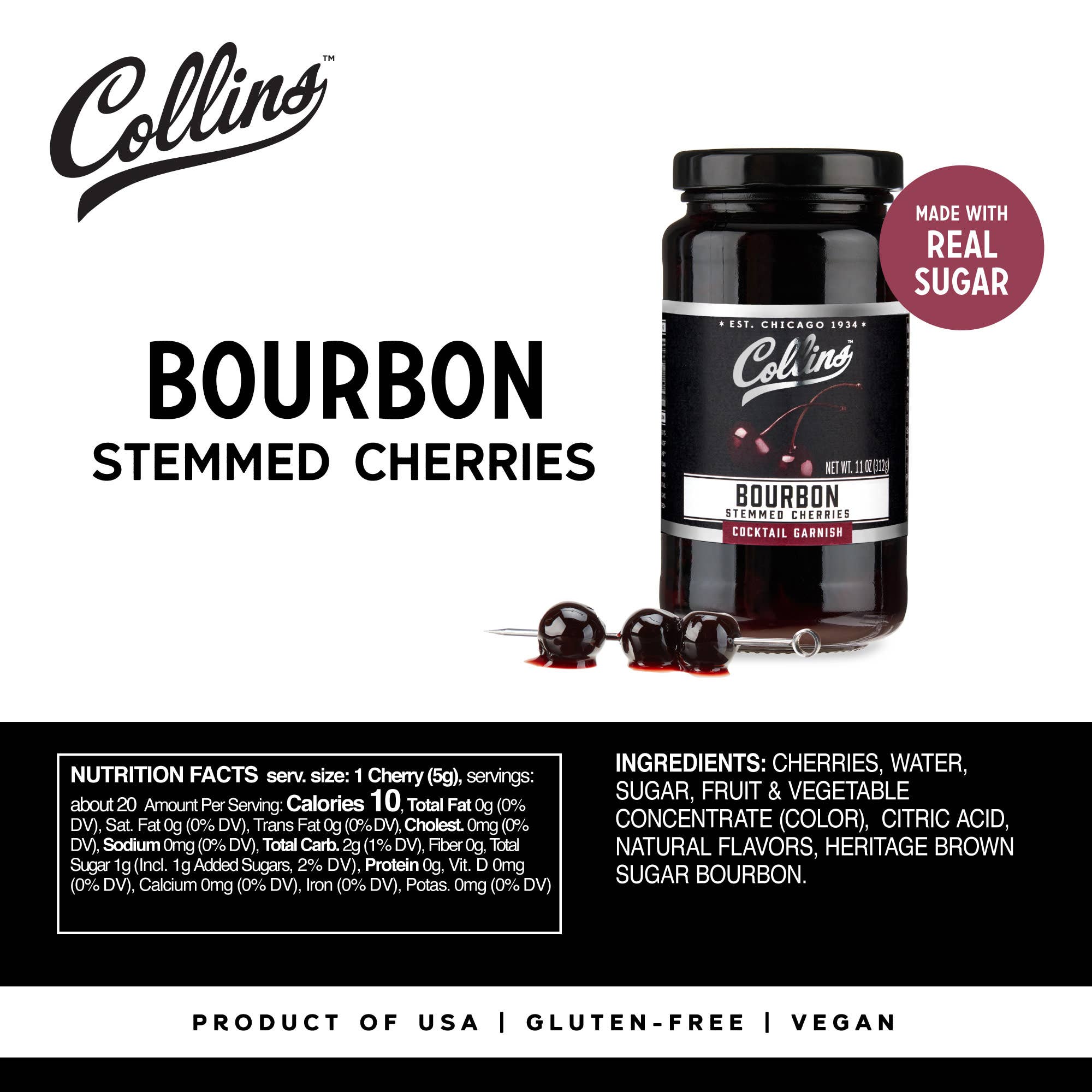 Collins - Wholesale Cocktail Mix/Syrup - Bourbon Soaked Stemmed Cherries Cocktail Garnish 11 oz3