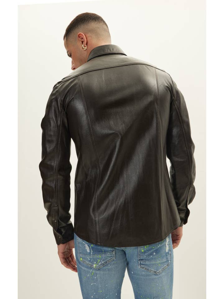 Men's Genuine Lambskin Leather Shirt - Dark Brown for wholesale on Faire2