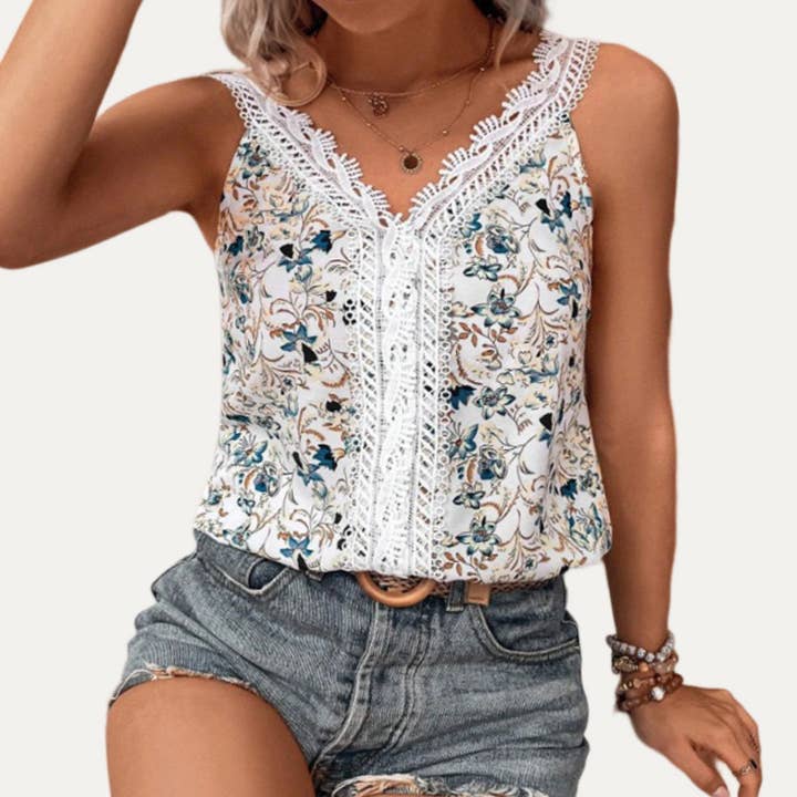 WHITE Cutest Floral Print Crochet Lace Sleeveless Tank Top for wholesale on Faire