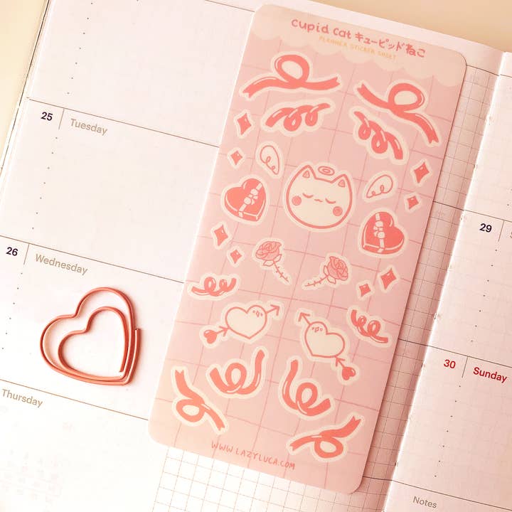 Cupid Cat Planner Sticker Sheet for wholesale by Lazy Luca