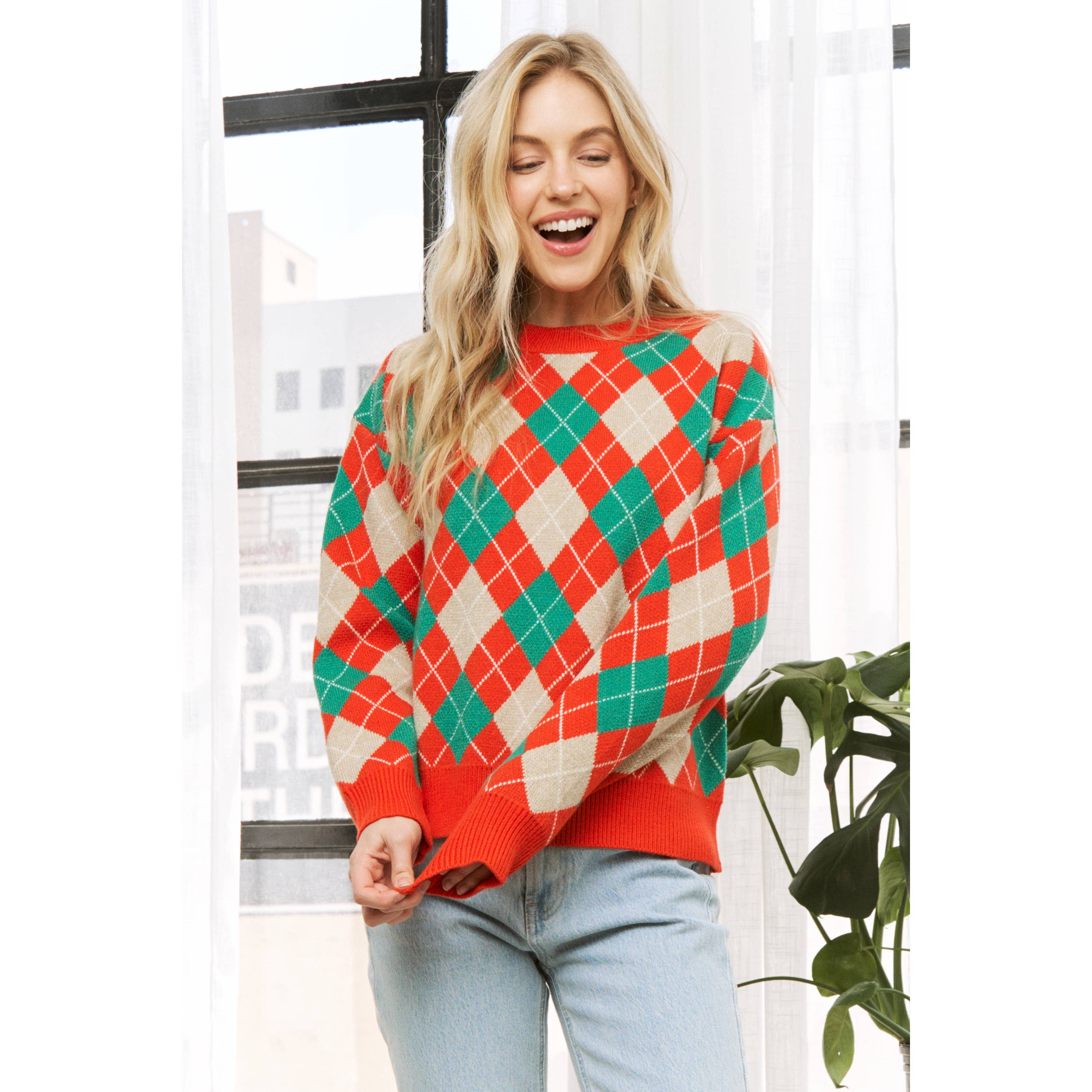 Sweet Generis - Wholesale Knit Sweater - Women's - HOLIDAY ARGYLE PATTERN DROP SHOULDER PULLOVER SWEATER13