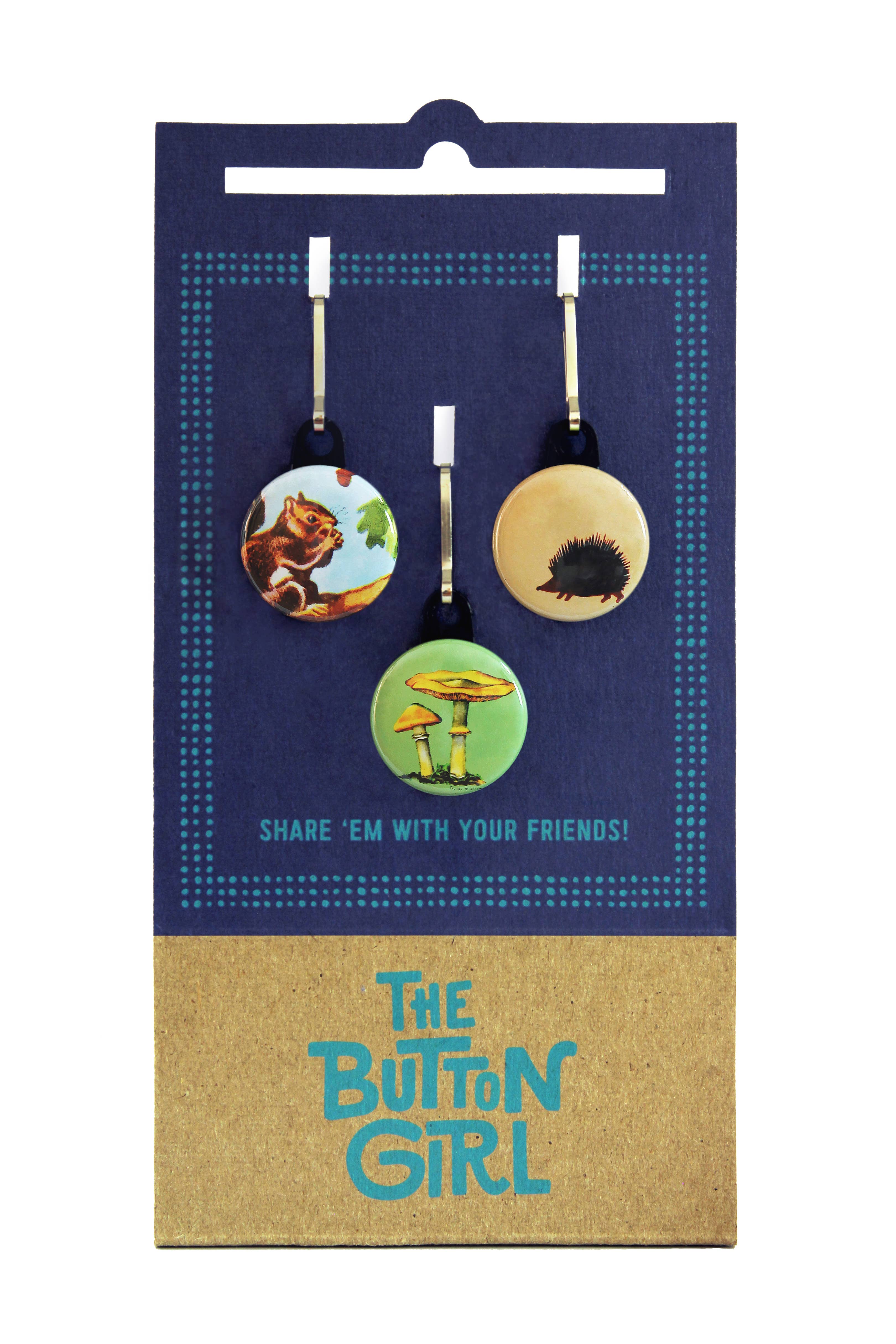 The Button Girl - Wholesale Purse/Bag Accessory - Kids - Three Zipper Pull Set -squirrel, Hedgehog, Mushroom1