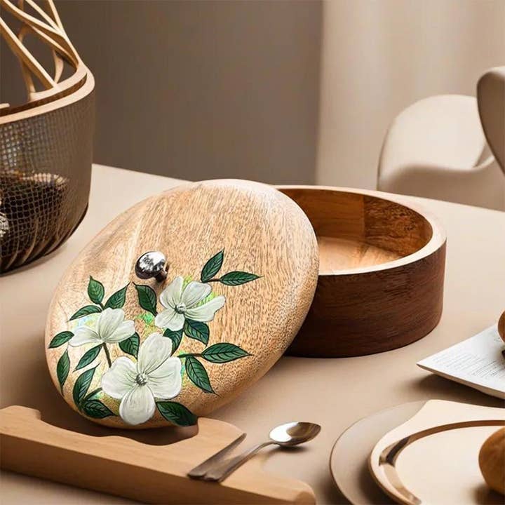 Natural Caja Roti de madera pintada a mano y hecha a mano con madera de Sheesham de venta al por mayor en Faire