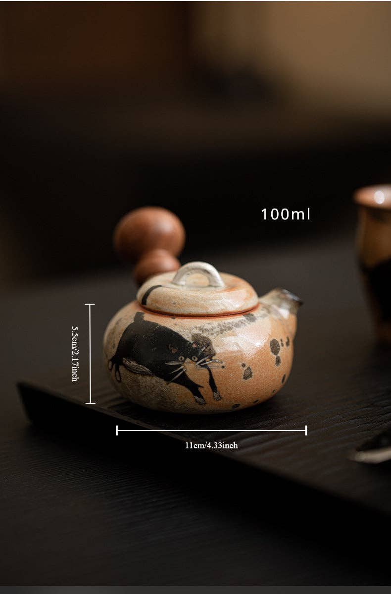 Gohobi （We cover U.S. import duties） - Wholesale Tea Pot - Gohobi Handmade Black Ink Hand-painted Cat Side Handle Teapot 00314