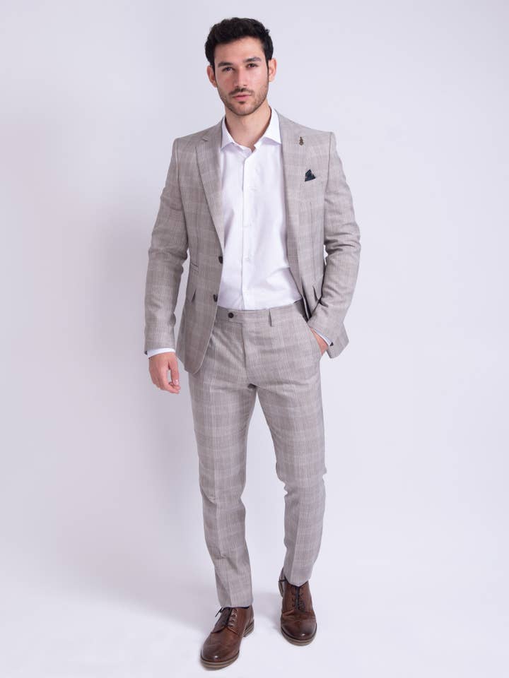Fratelli Uniti - Wholesale Suit Pants - Men's - Soft Prince of Wales Check Trousers Beige - Carlo