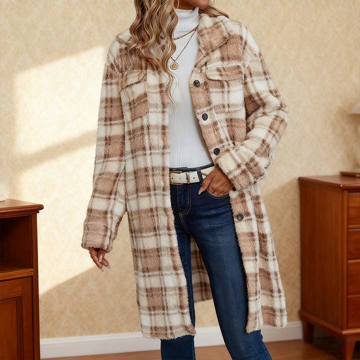 Long checked double-sided plush jackets for wholesale by Lily Clothing