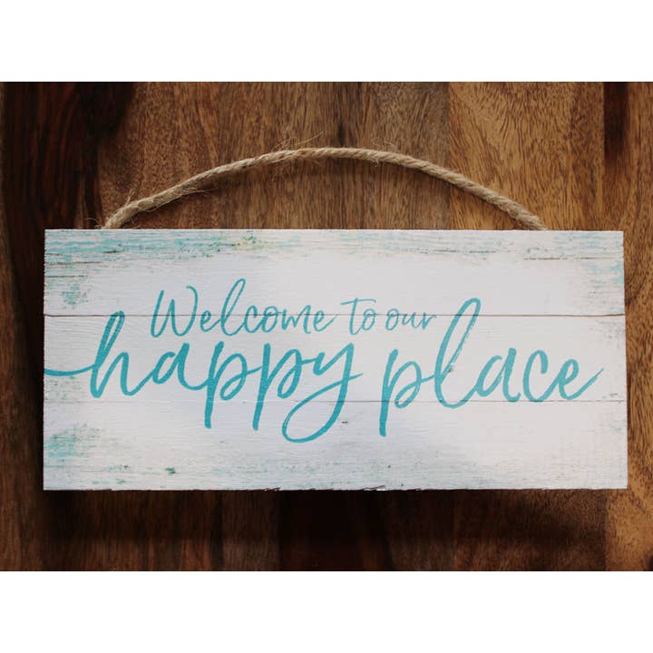 Welcome to our Happy Place 10 x 4.5" Rope Sign for wholesale by California Seashell Company