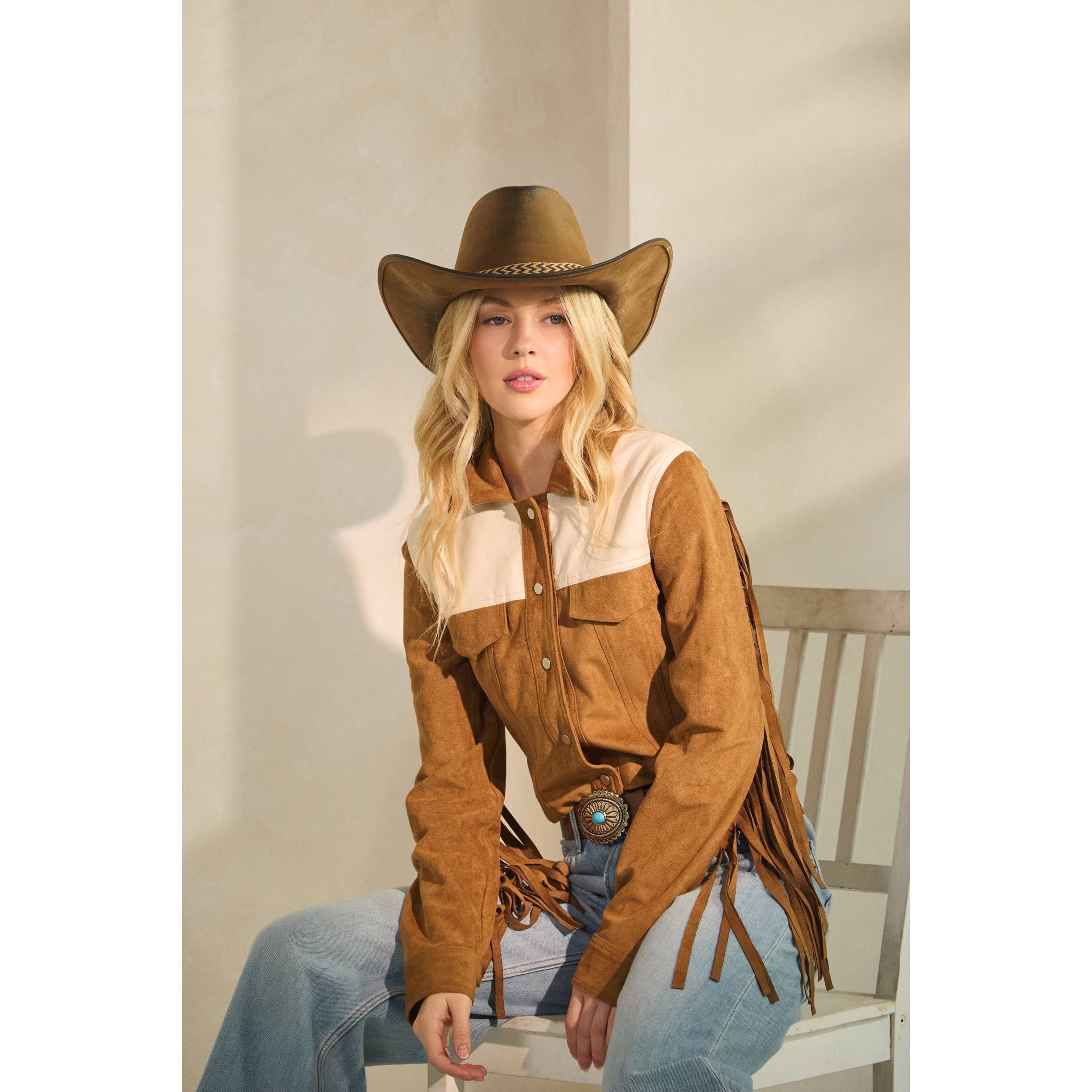 Camel Suede Jacket with Fringe Detail for wholesale on Faire33