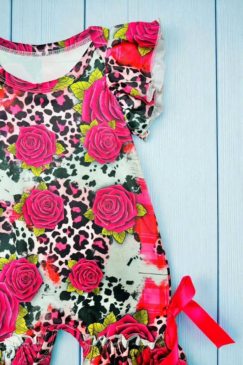 luluclothes - Wholesale Jumpsuit - Baby - Hot pink roses & cheetah baby ruffle romper DLH1124-101