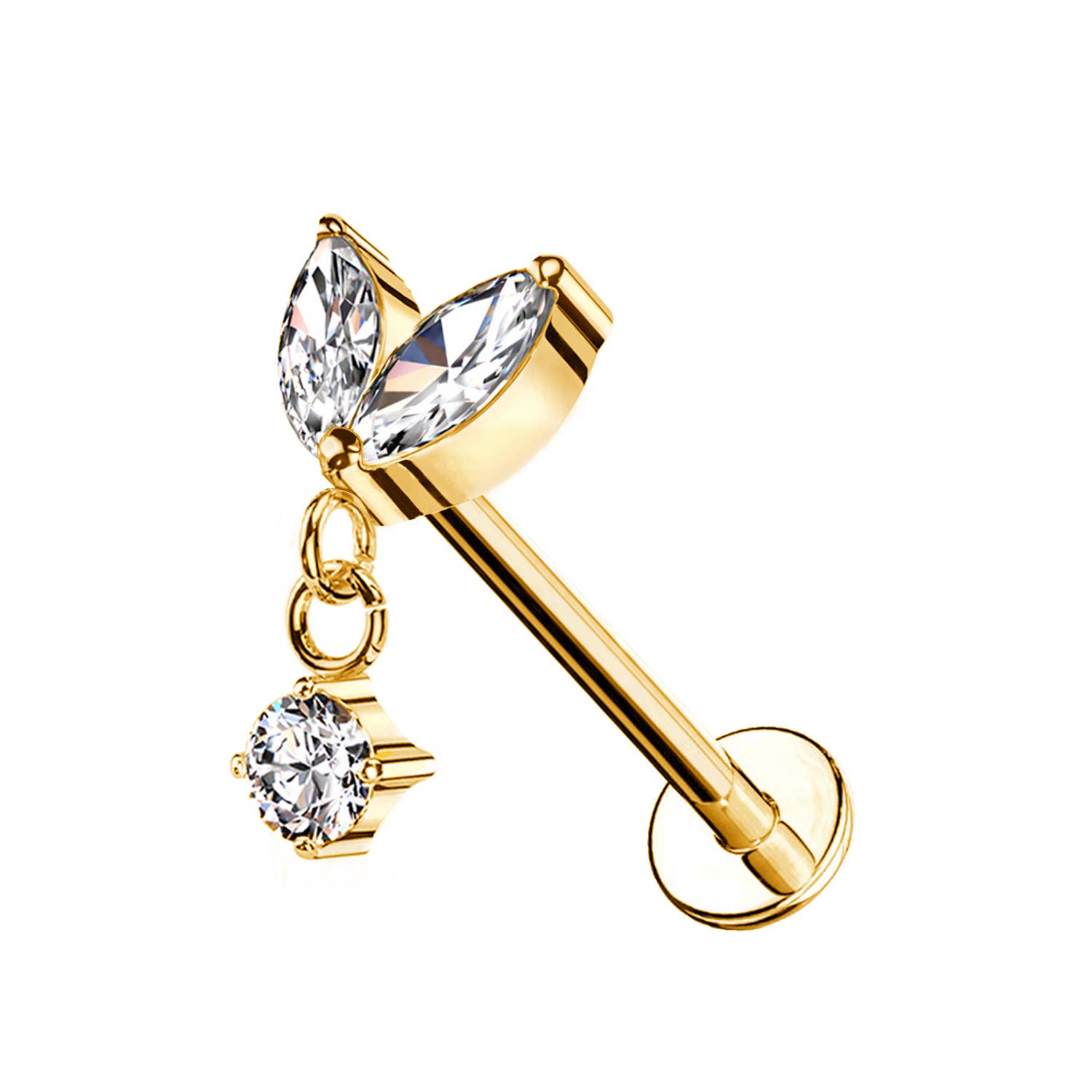 Awaken - Wholesale Stud/Post Earrings - Labret Piercing with Two Marquise Crystals and Pendant0