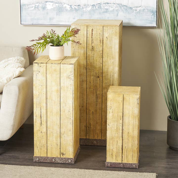 Deco Marché - Wholesale Side Table - Rustic Brown Wood Pedestal Table Set14