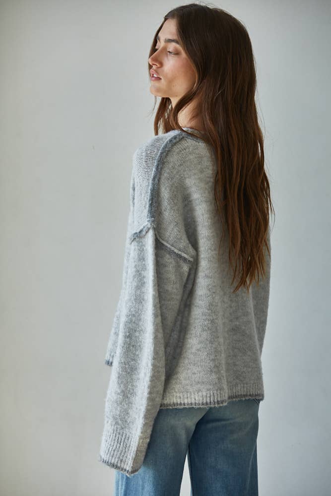 Heather Grey W2141 | Knit Sweater Crew Neck Pullover Top With Rolled Edge for wholesale on Faire2