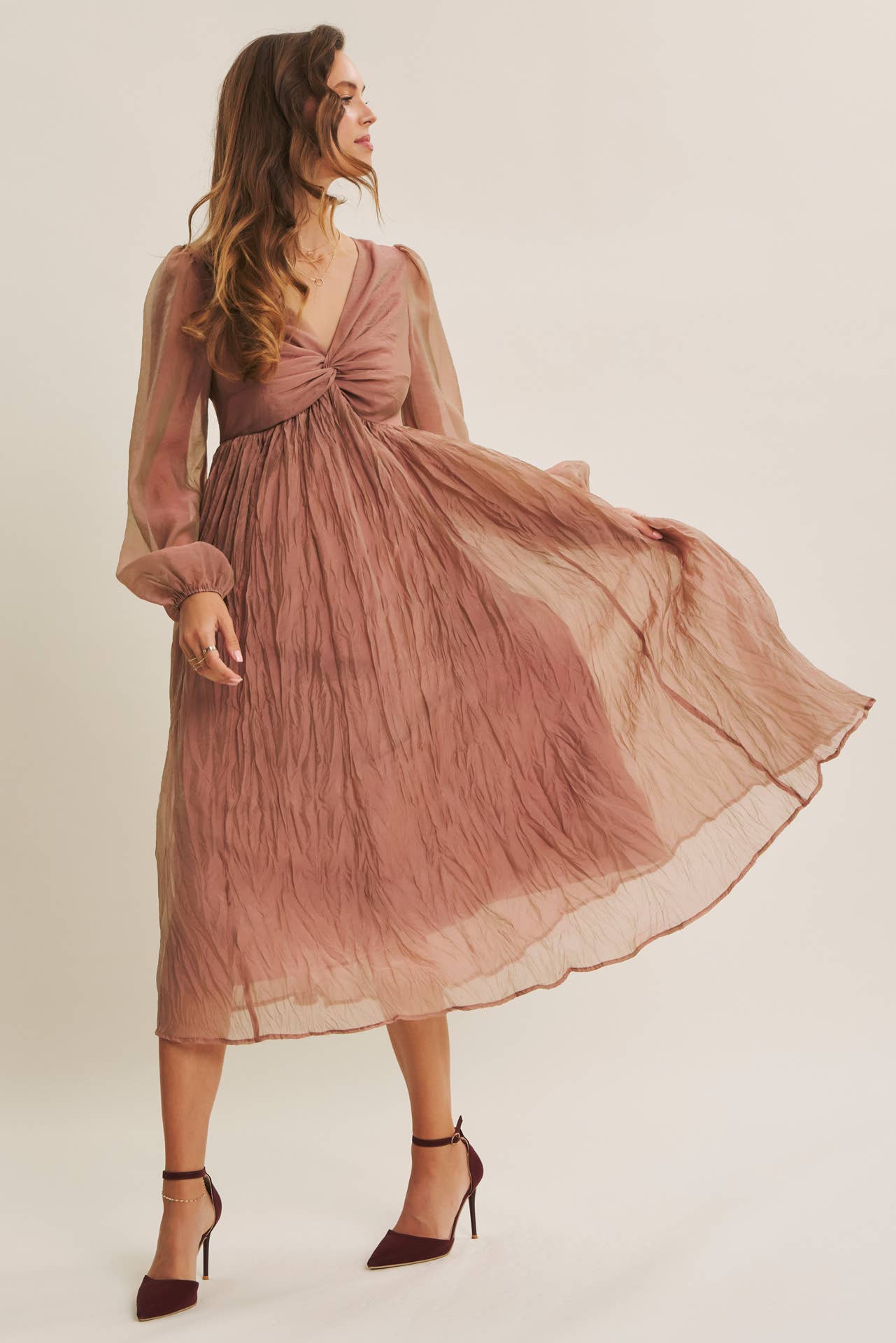 KEEP IT DREAMY IRIDESCENT MAUVE TWISTED BUST MAXI DRESS for wholesale on Faire19