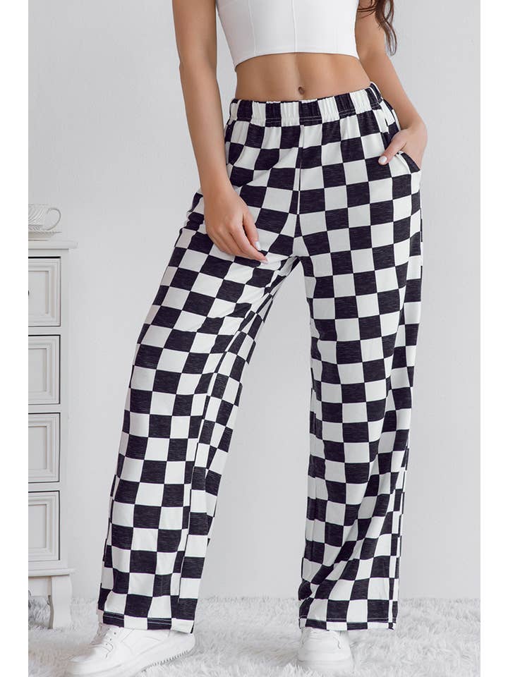 LA Society - Wholesale Pants - Women's - Checkered Print High Waist Wide Leg Pants