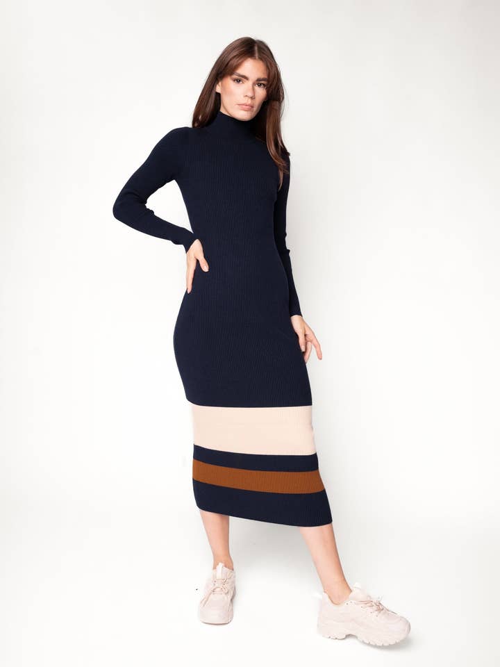 Gebreide midi-jurk met strepen voor wholesale door Recollection Brand