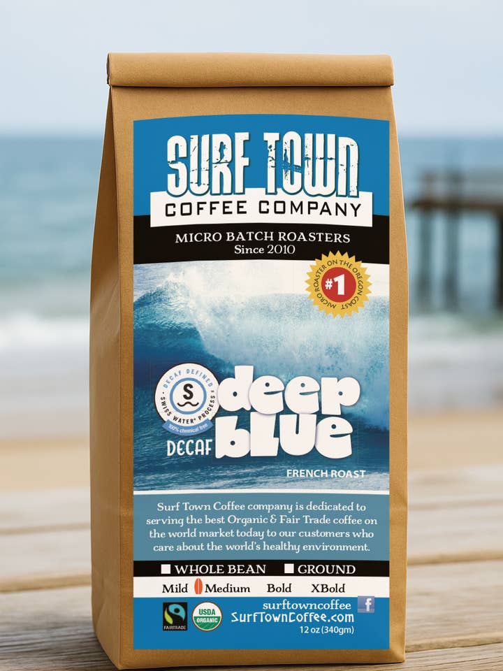 Deep Blue Decaf - French Roast for wholesale by Surf Town Coffee