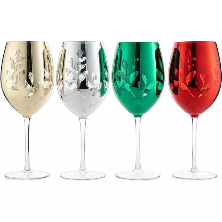 The Wine Savant / Khen Glassware - Wholesale Wine Glass - Etched Multicolor Christmas Stemmed Wine Glasses Set of 4 -