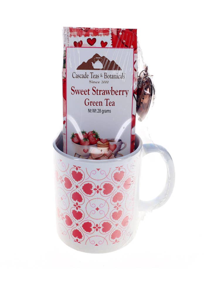 Valentinsdag Te Krus Gavesæt, Grøn Te Sød Jordbær❤ for engroshandel hos Cascade Teas & Botanicals