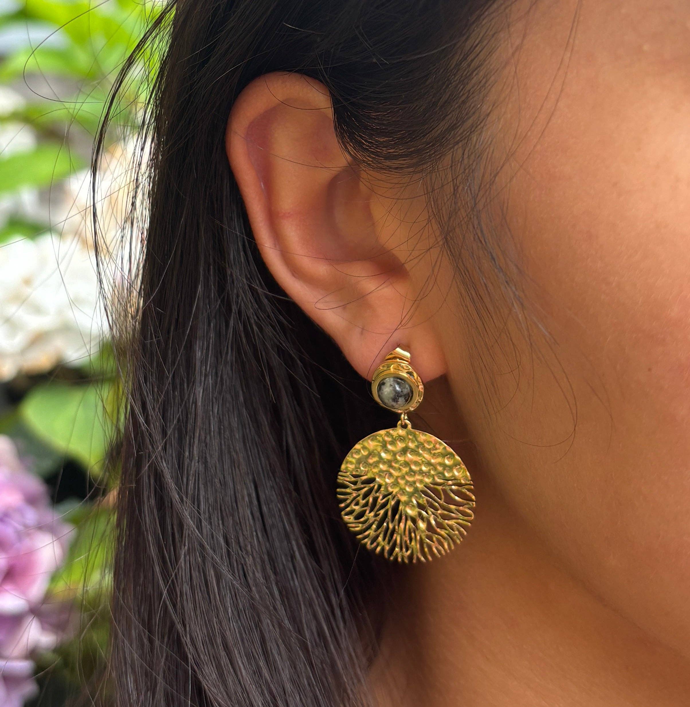 Ocean Ripples - Wholesale Dangle Earrings - 18ct Gold Plated African Turquoise Hammered Disc Earrings1