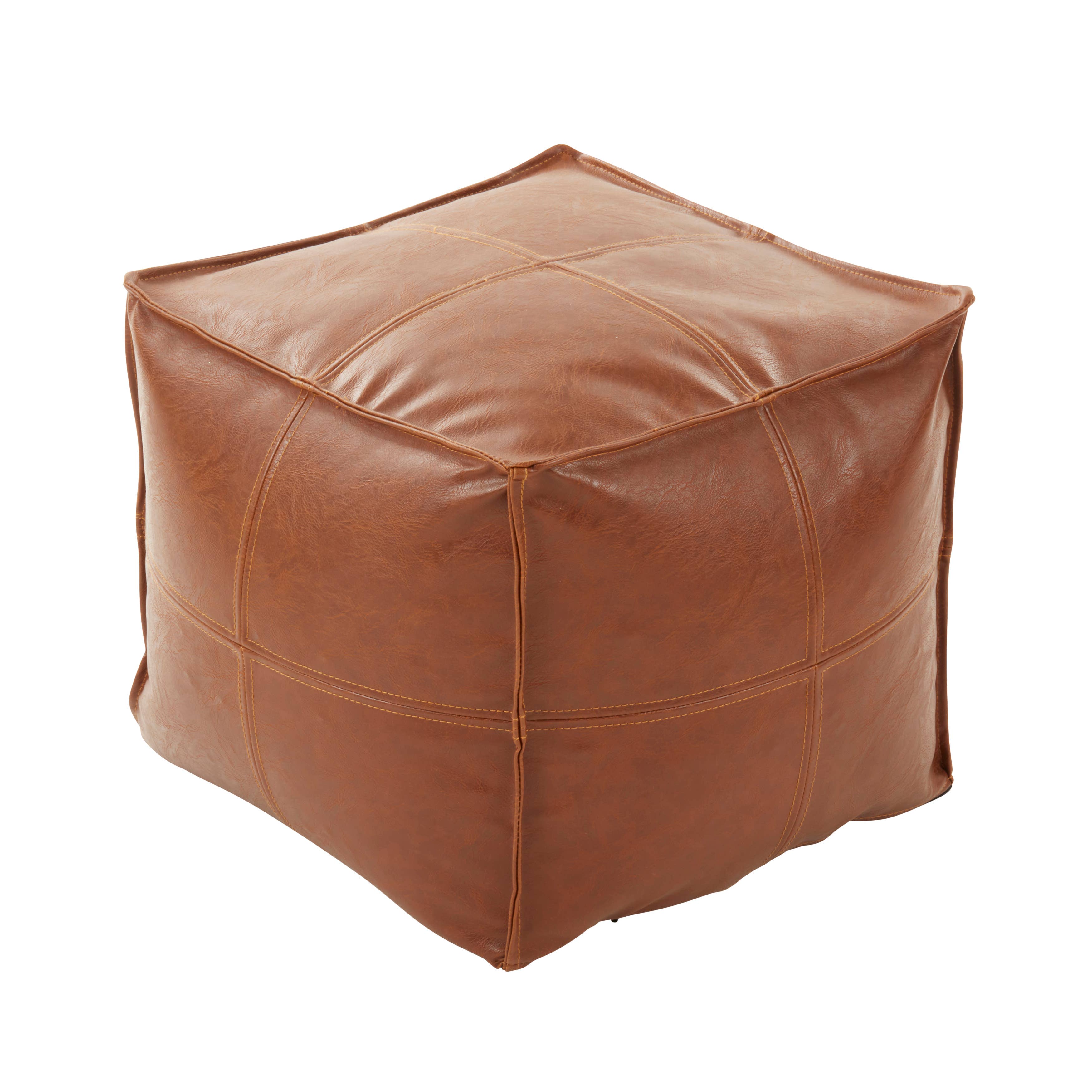 Brown Vintage Inspired Faux Leather Patchwork Pouf for wholesale on Faire